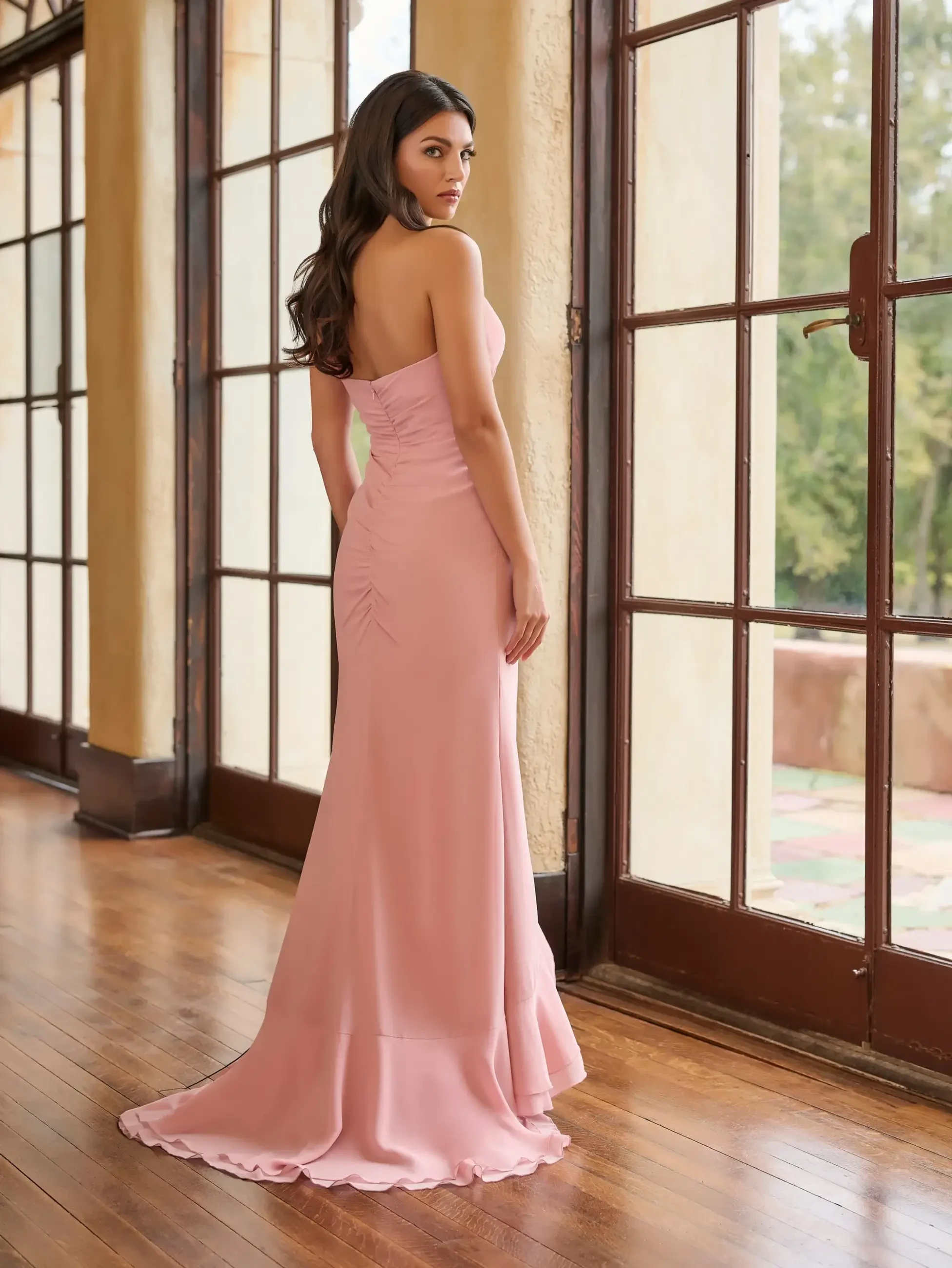 model is wearing a light pink strapless bridesmaid dress