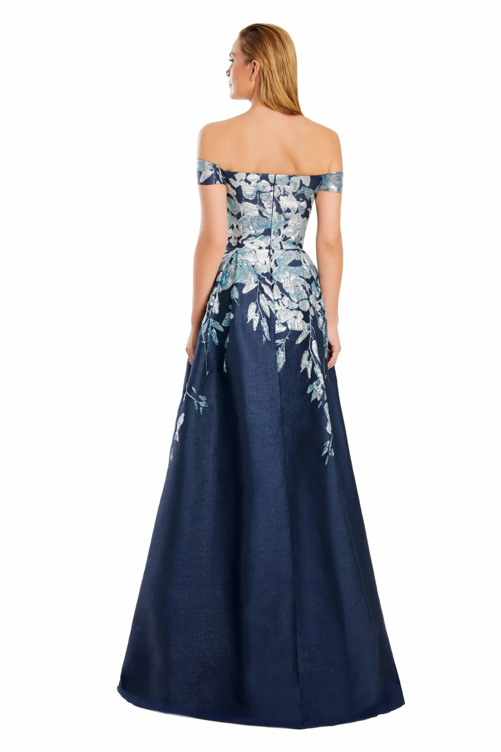 Model is wearing an off the shoulder a-line mother of the bride dress