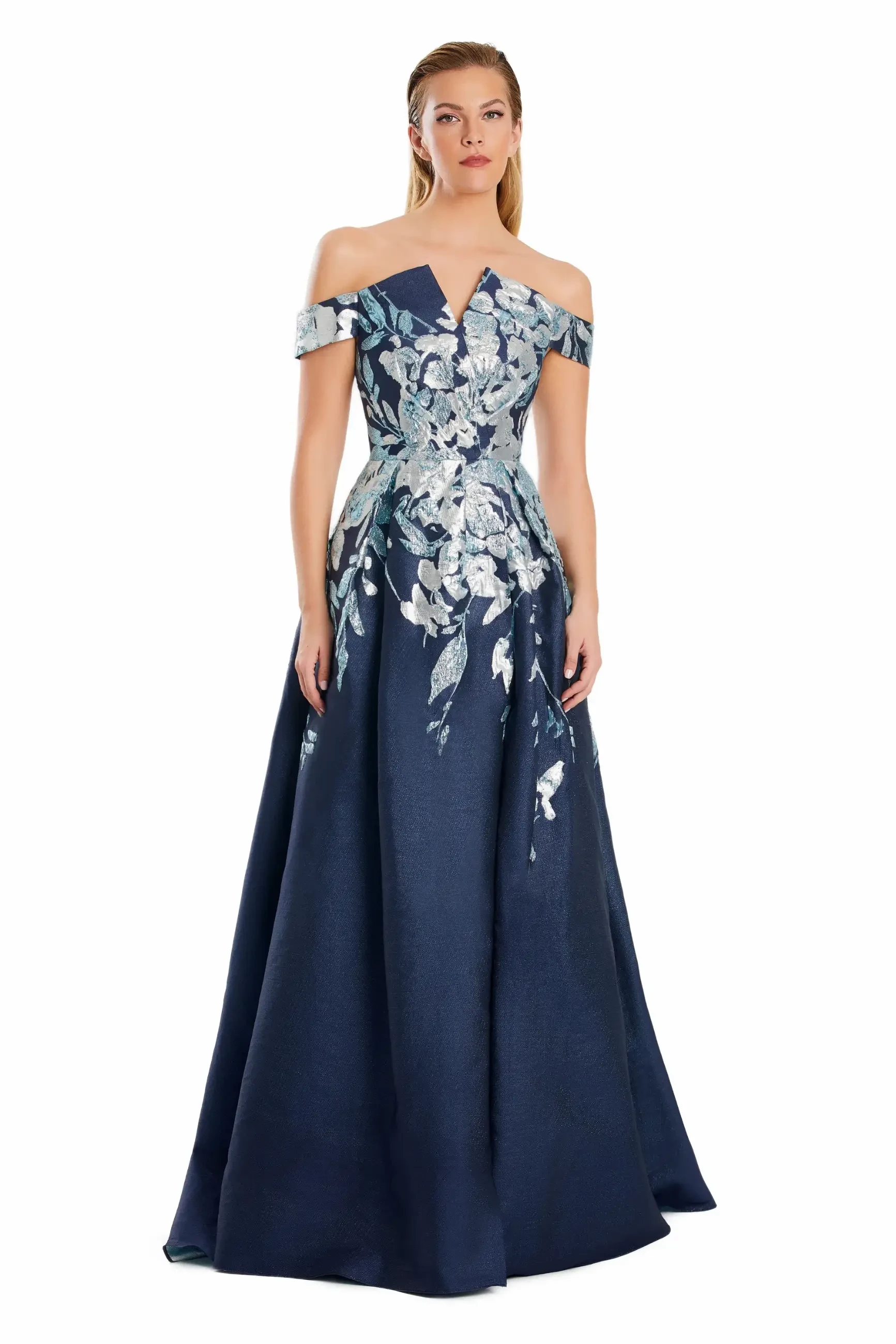 Model is wearing an off the shoulder a-line mother of the bride dress