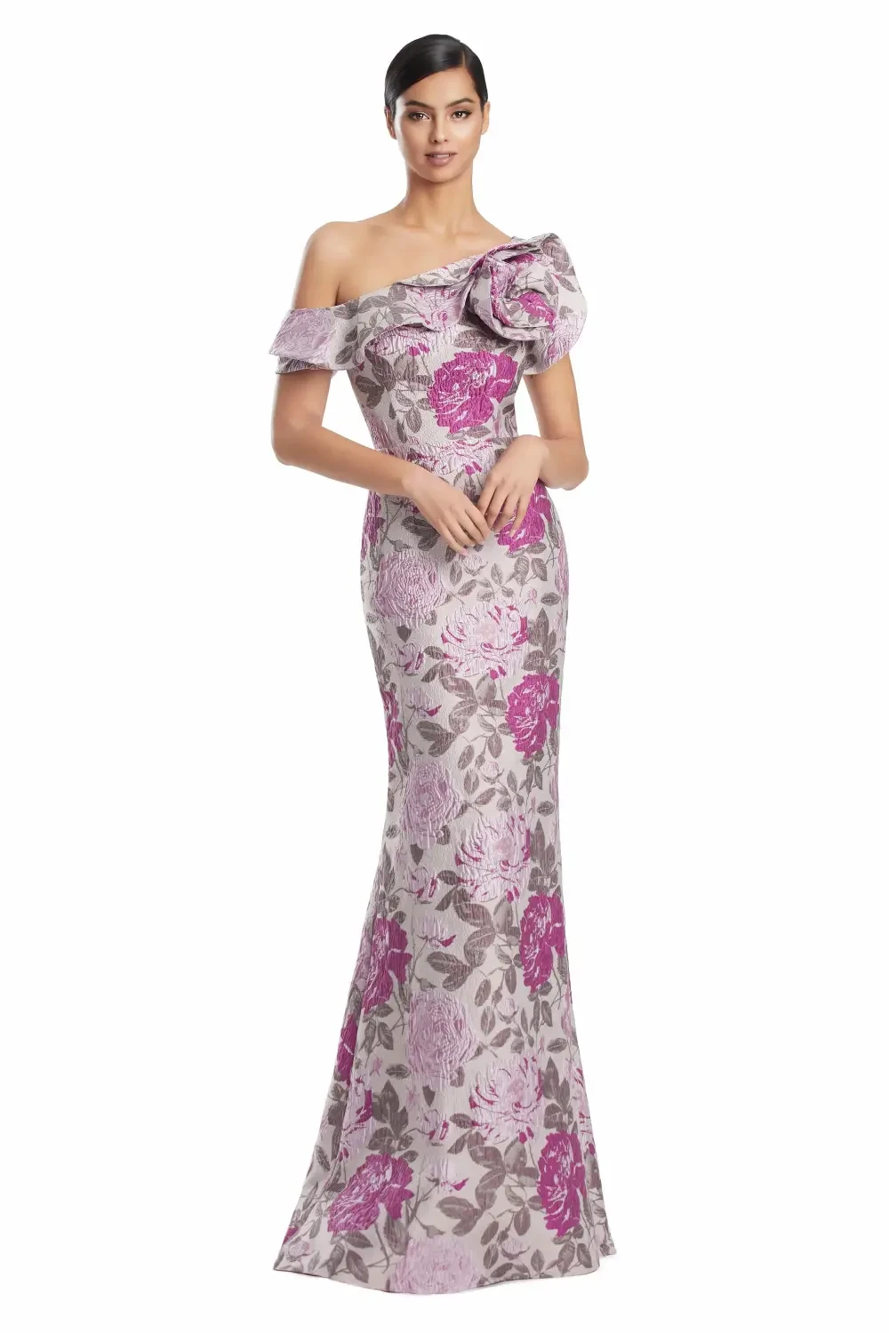 model is wearing a pink floral off the shoulder mothers gown