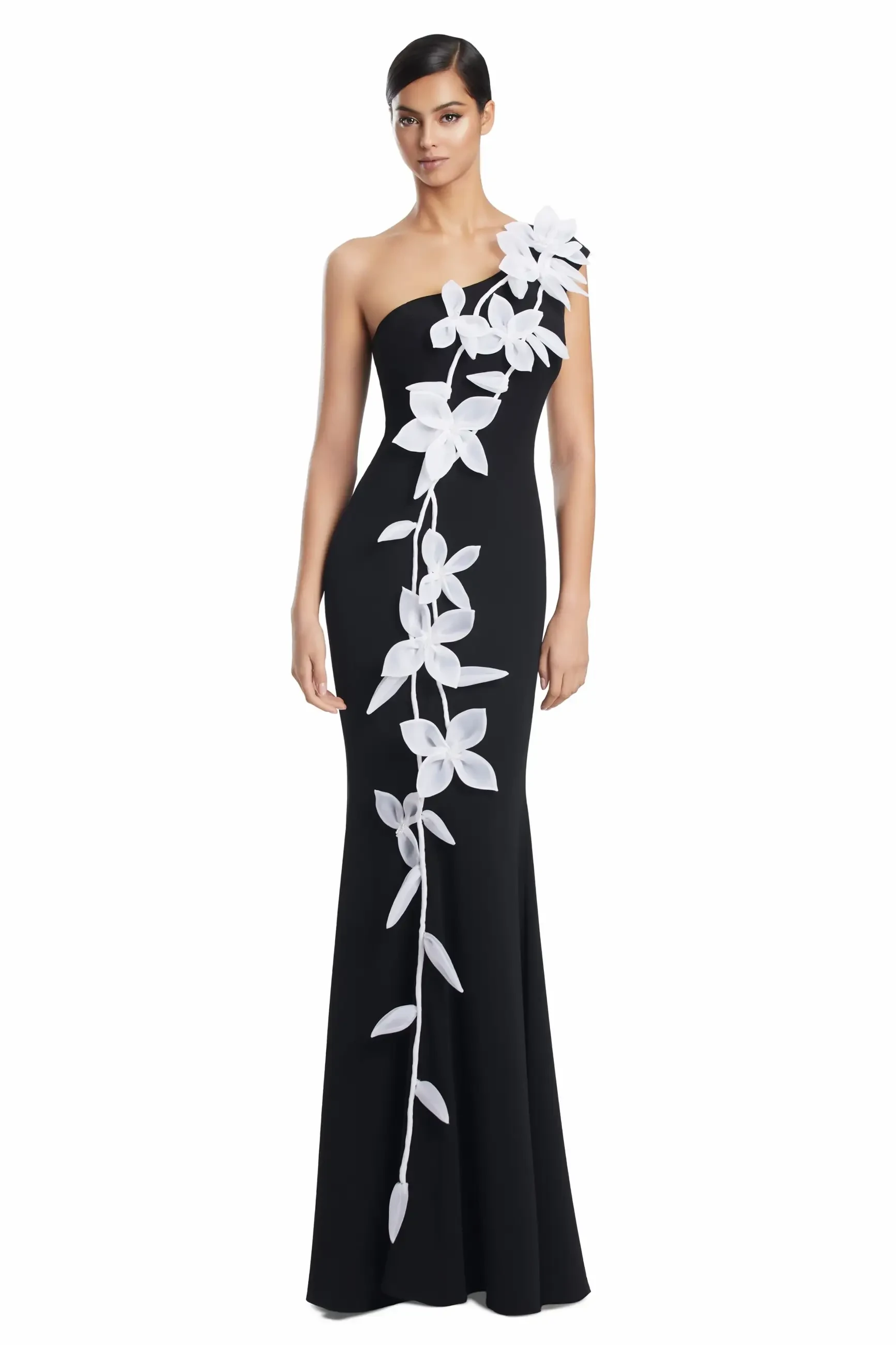 A model wearing a black one-shoulder gown with white floral embellishments.