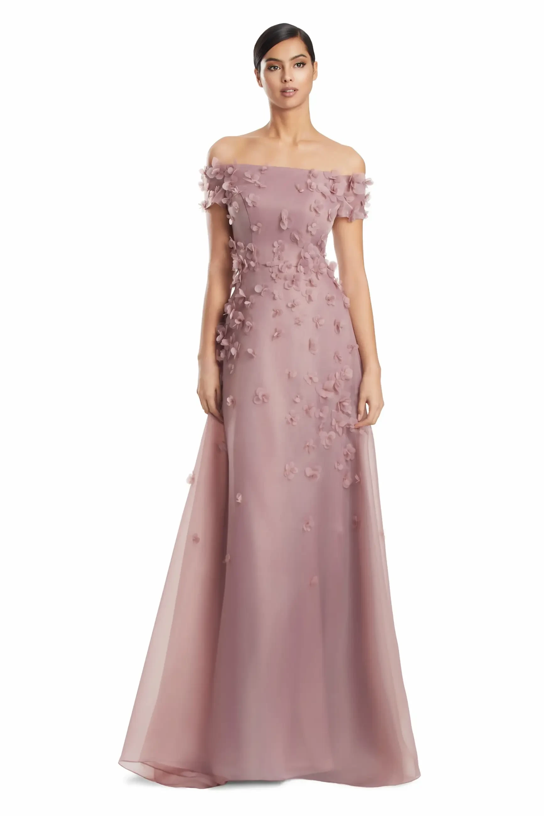 A model wearing an off-the-shoulder lavender evening gown with floral embellishments.