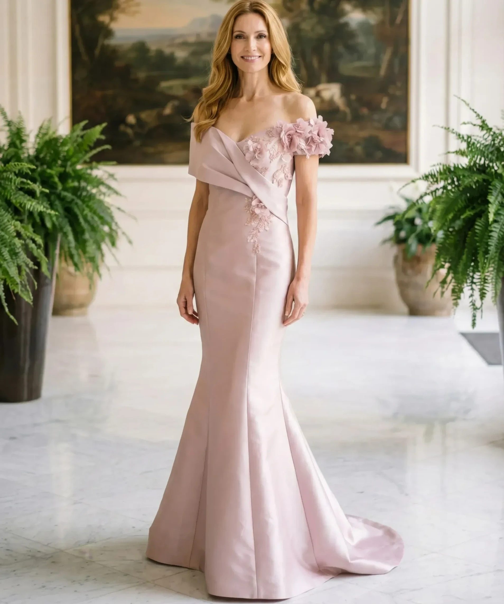 Model wearing a off the shoulder gown