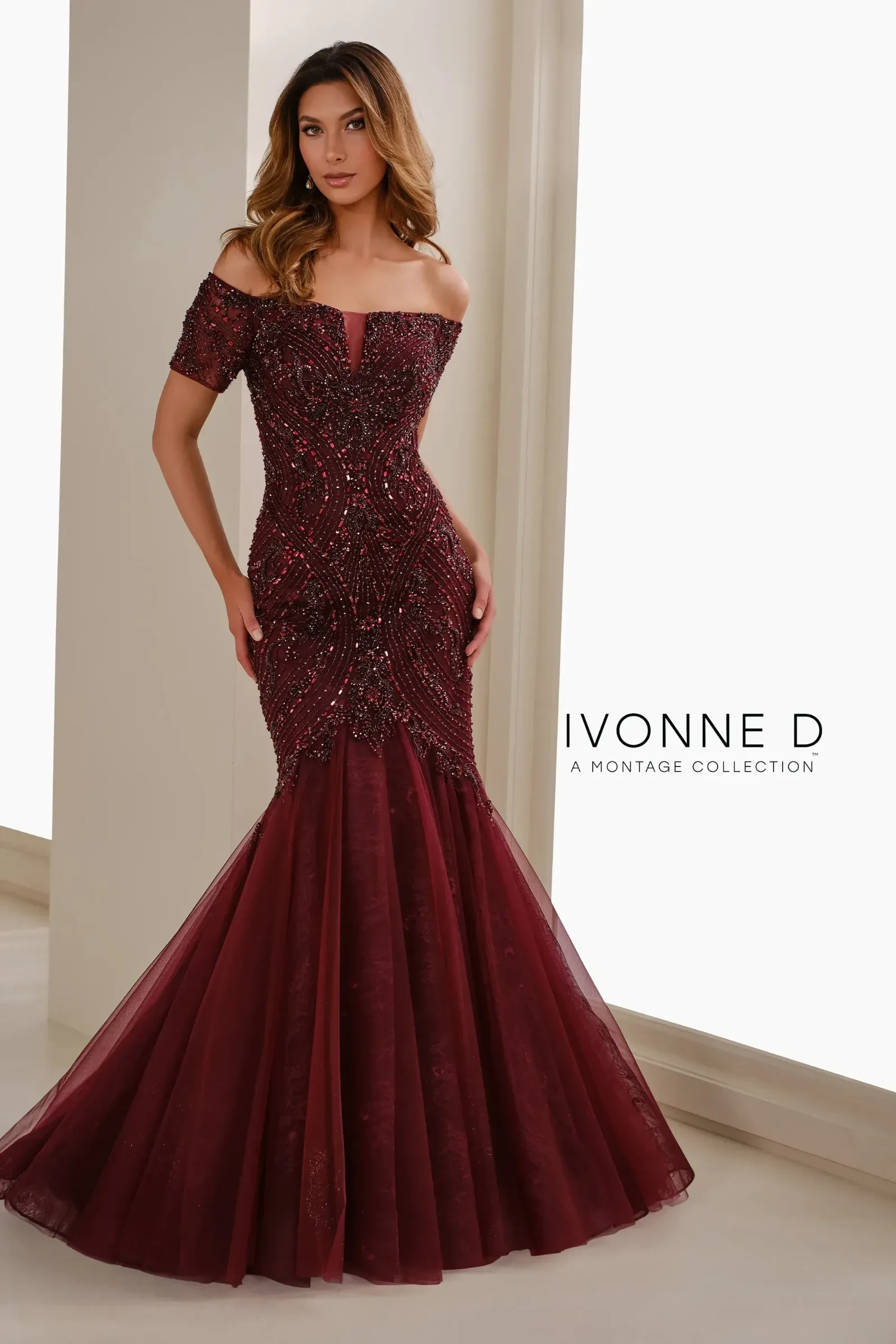 Model wearing a Beaded gown