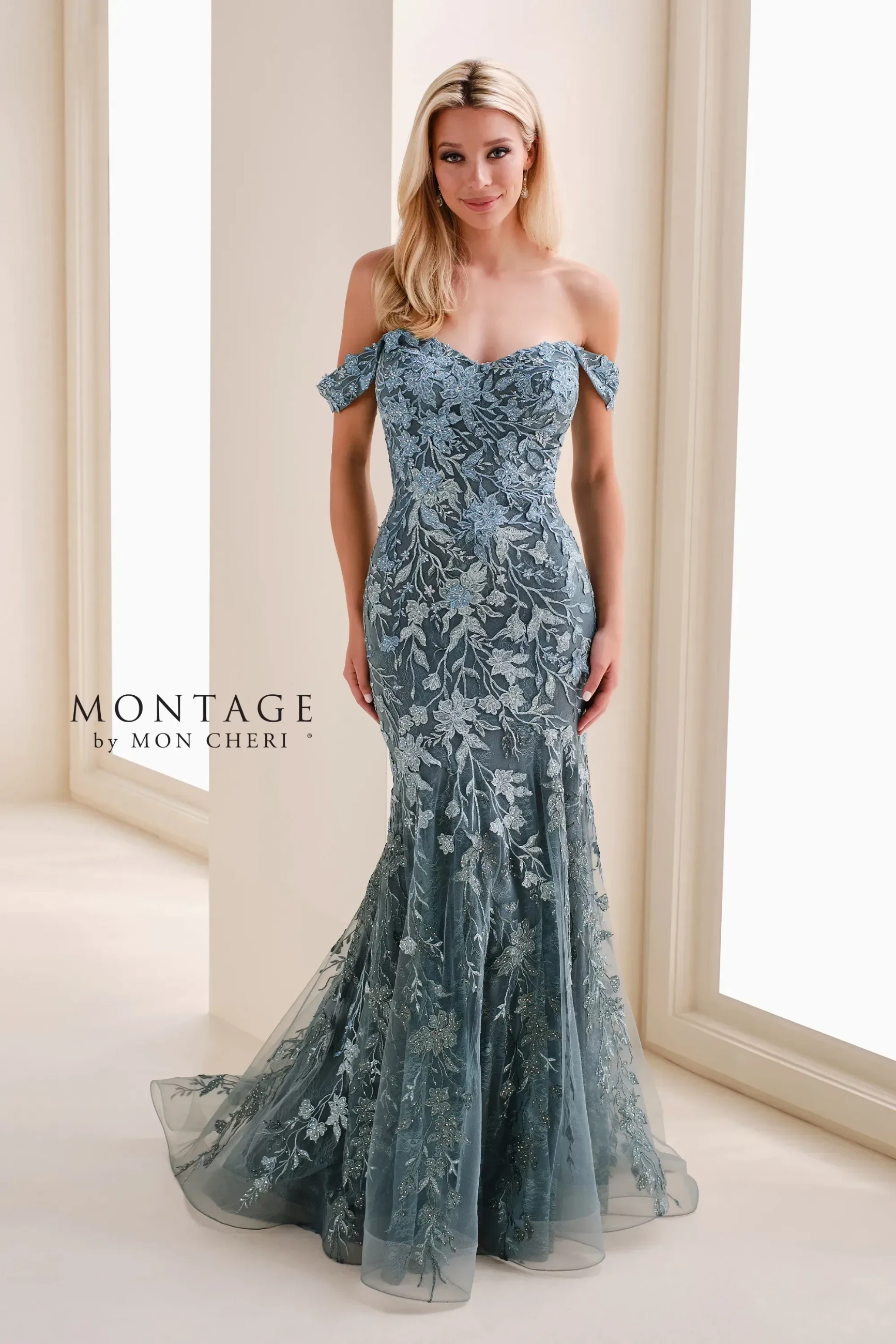 Model wearing a off the shoulder gown