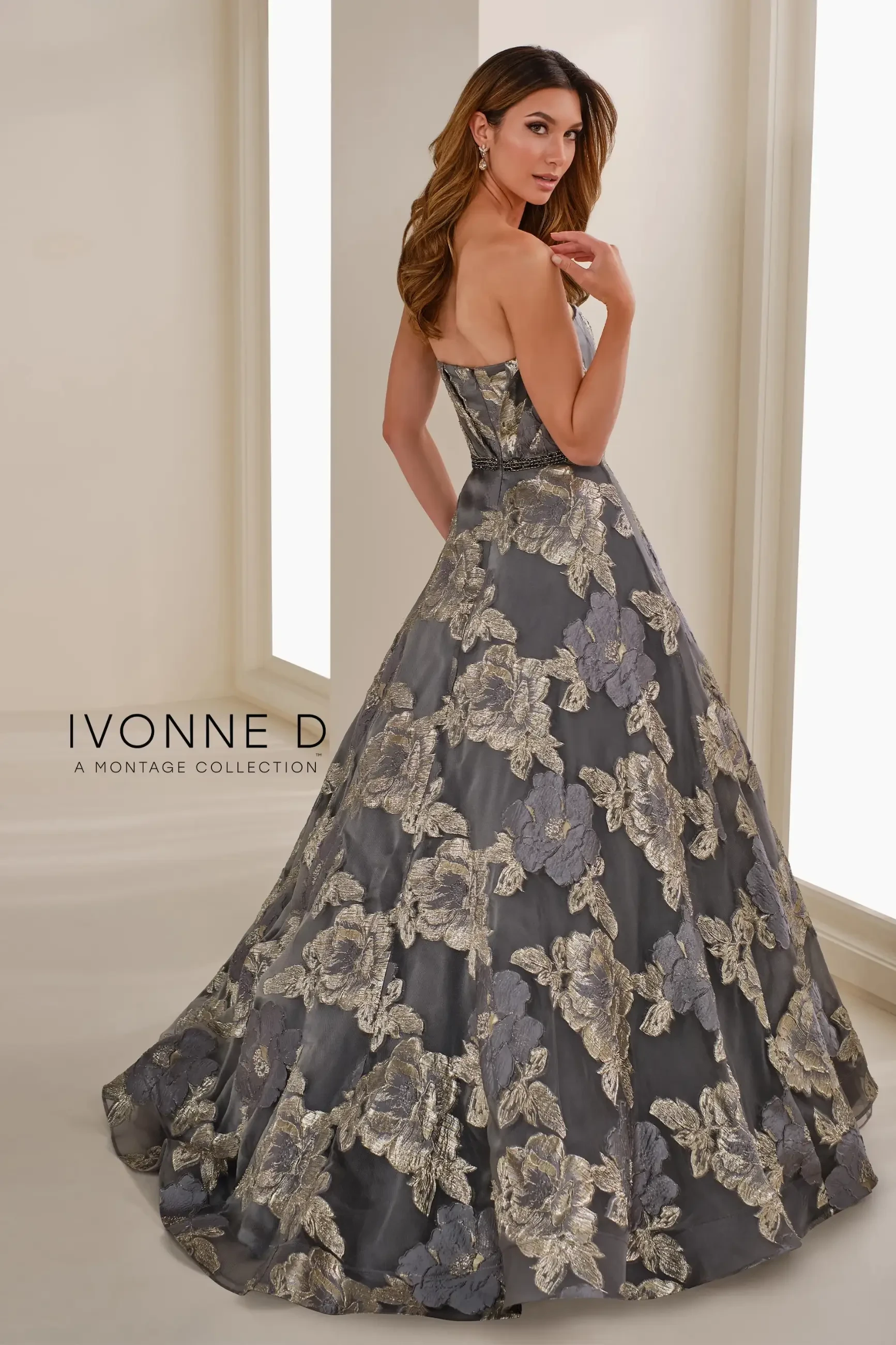 Strapless A-line brocade gown with a sweetheart neckline, beaded belt, and optional spaghetti straps and tulle shawl.