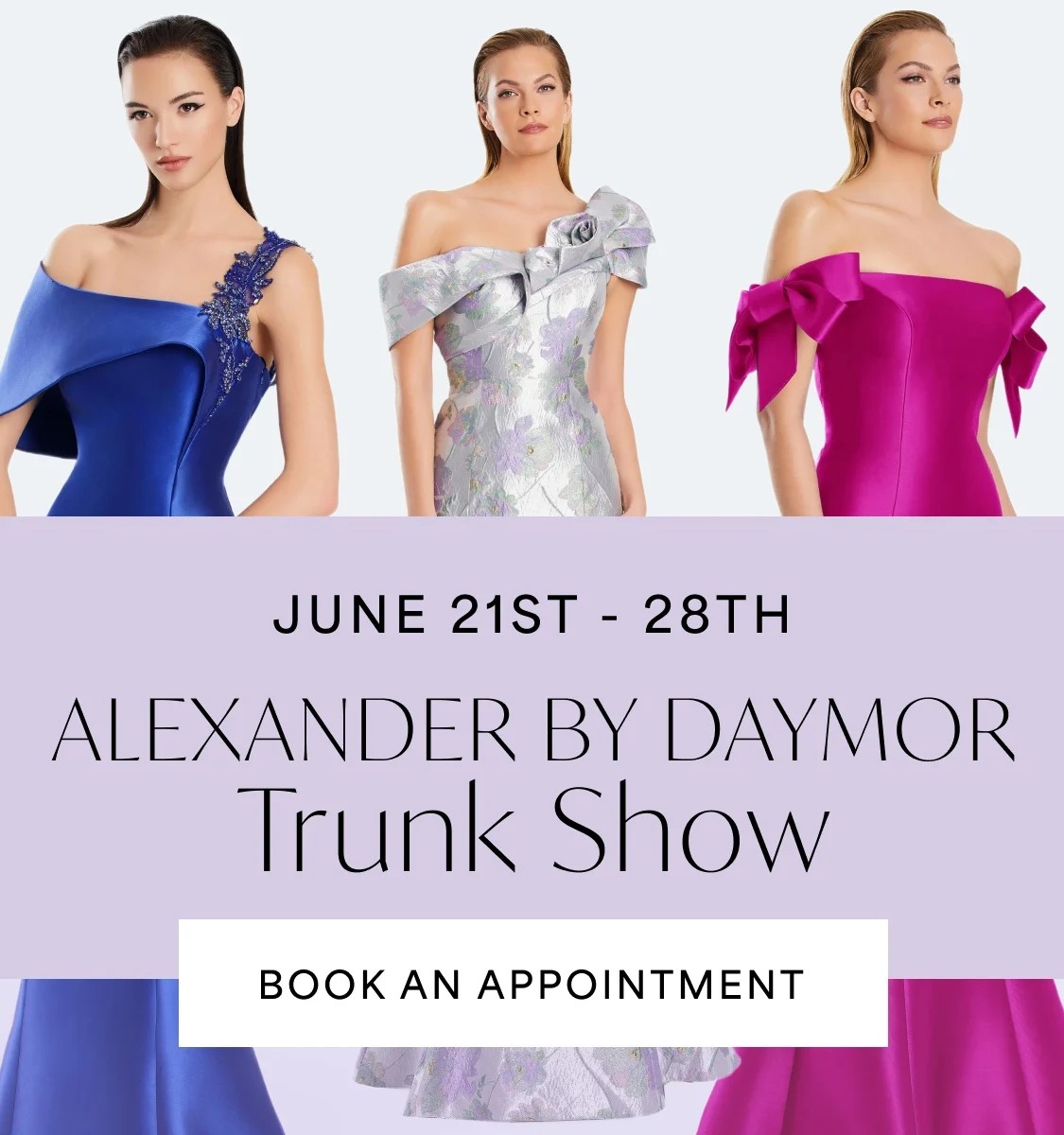 4 Models wearing Alexander by Daymor 3050, 3047, 3060, and 3058 gowns, mobile banner
