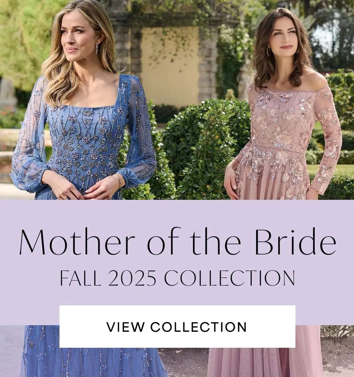 2 Models wearing Adrianna Papell Platinum 40493 and 40486 gowns, mobile banner