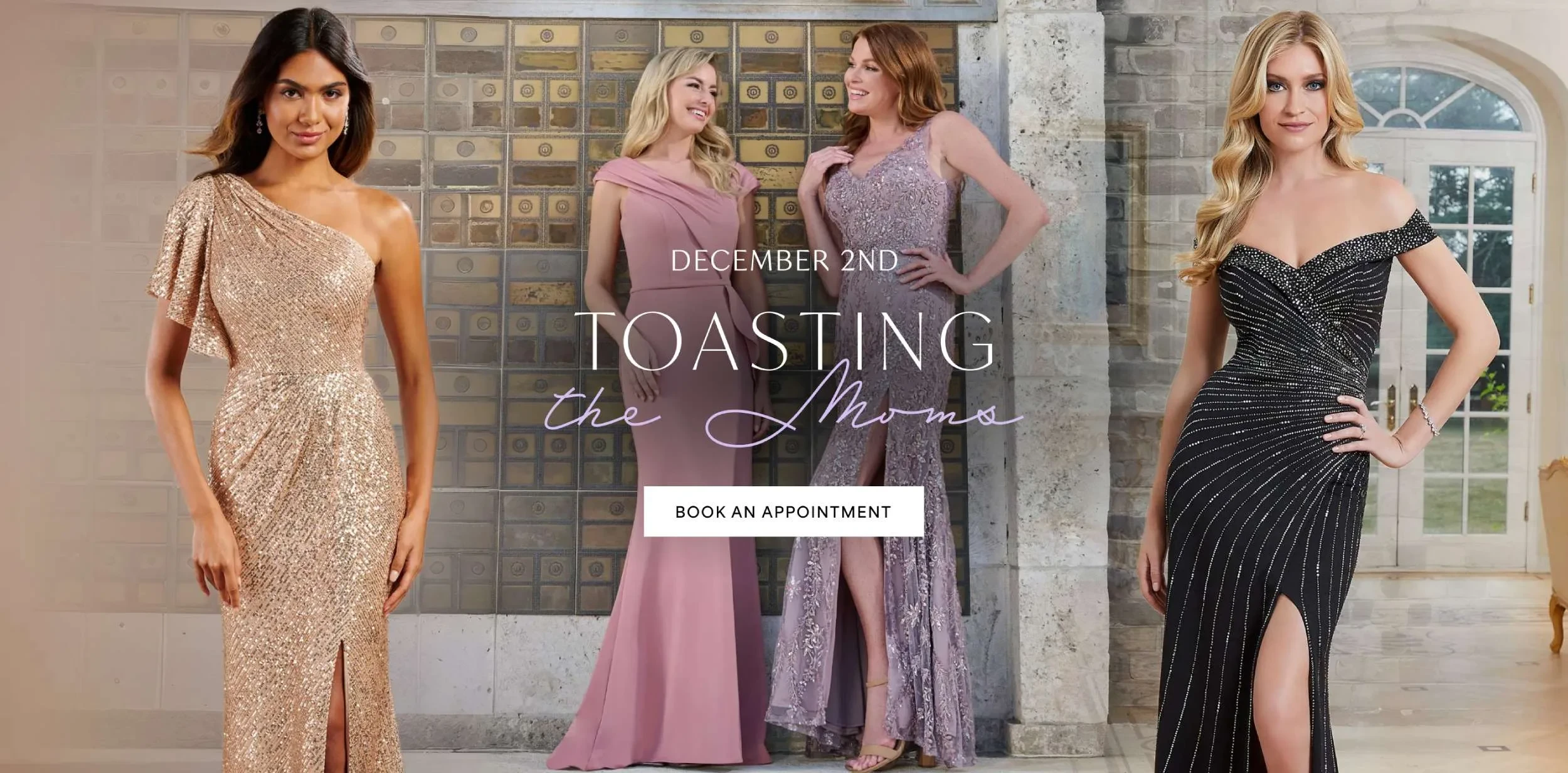 Models wearing mother of the bride gowns, desktop banner