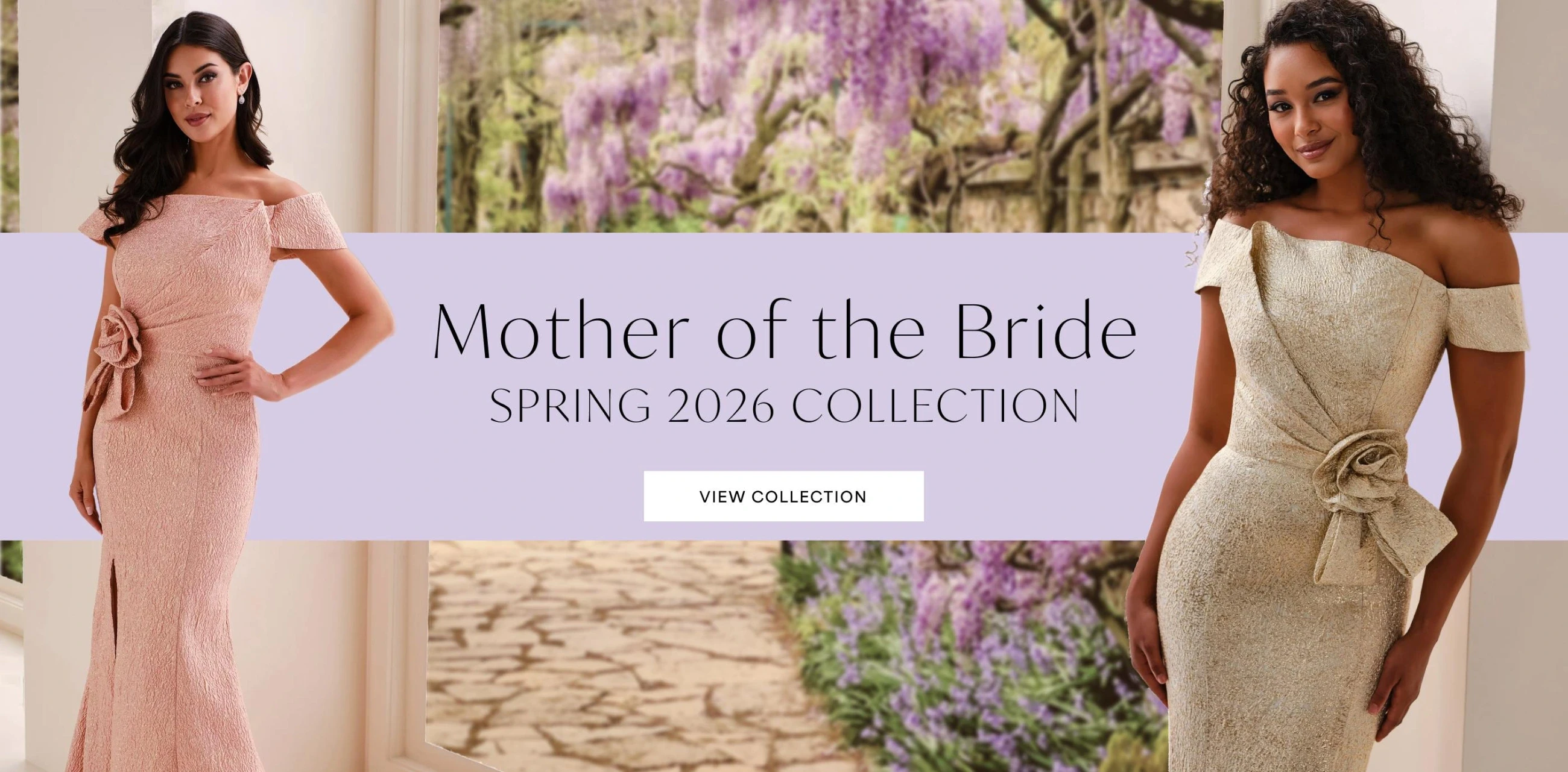 Models are wearing Ivonne D mother of the bride dresses, desktop banner